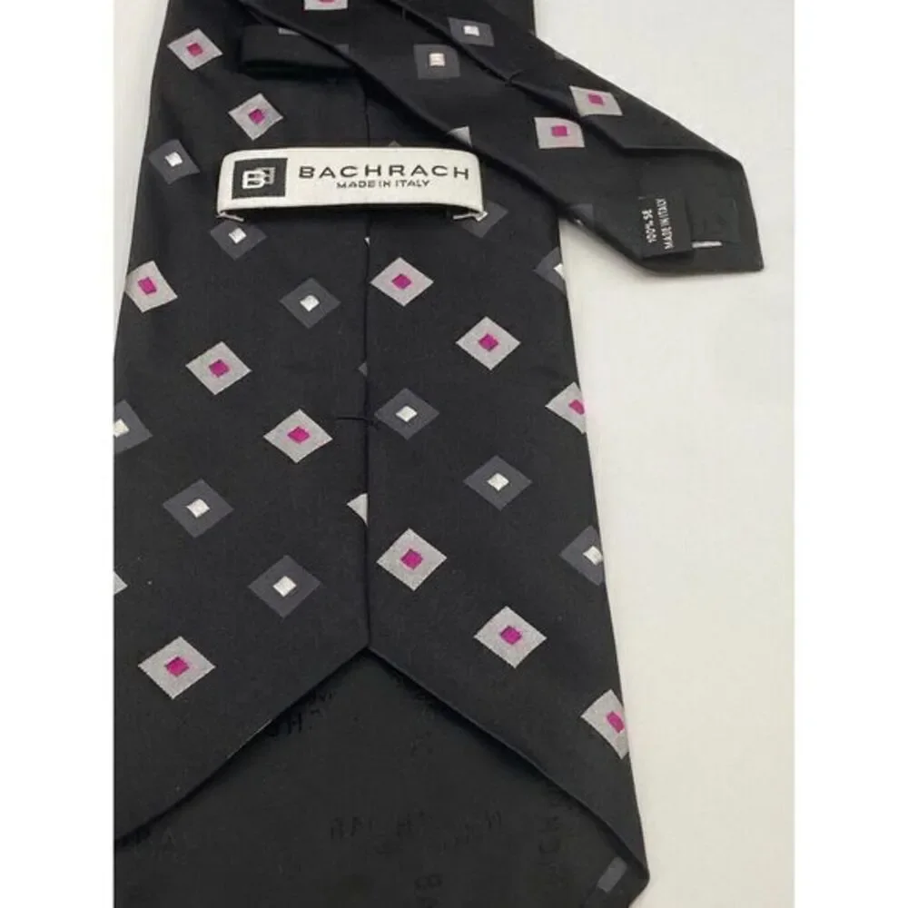 Bachrach Black‎ Tie Grey Silver Diamonds 100% Silk Italy